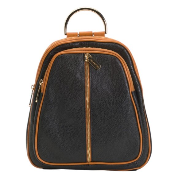 VALENTINA Made In Italy Leather Flat Backpack With Center Zip Closure - Picture 1 of 4